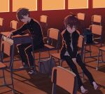  2boys ahoge bag bandage_on_face bandages bangs black_jacket black_legwear black_pants brown_hair cellphone chair classroom closed_mouth desk gakuran hair_between_eyes highres indoors jacket long_sleeves male_focus multiple_boys original pants phone pillow_(nutsfool) red_eyes school_bag school_desk school_uniform shirt shoes sitting smartphone spiky_hair uwabaki white_legwear white_shirt yellow_eyes 