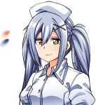  +_+ 1girl blue_hair borrowed_character breasts brown_eyes color_guide commentary_request eyebrows_behind_hair hair_ornament hat kaauchi long_hair nurse nurse_cap original puffy_sleeves small_breasts smile solo twintails upper_body x_hair_ornament 