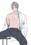  1boy abs closed_mouth copyright_request grey_hair hands_in_pockets labcoat male_focus maosen navel no_nipples off_shoulder short_hair simple_background sitting solo spread_legs toned toned_male violet_eyes weibo_username white_background 