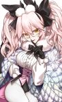  1girl animal_ear_fluff animal_ears artist_request black_gloves black_ribbon breasts eyebrows_visible_through_hair fang fate/grand_order fate_(series) fox_ears fox_girl fox_tail glasses gloves hair_ribbon highres koyanskaya_(fate) large_breasts leotard long_hair looking_at_viewer open_mouth pink_hair rabbit_ears ribbon simple_background solo tail tamamo_(fate) twintails white_background white_leotard yellow_eyes 