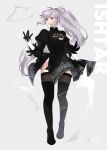  1girl absurdres alternate_costume artist_name boots commission commissioner_upload cosplay fire_emblem fire_emblem:_genealogy_of_the_holy_war gloves hair_ornament hand_up hannreina highres ishtar_(fire_emblem) jewelry long_hair looking_at_viewer nier_(series) nier_automata open_mouth ponytail purple_hair simple_background solo thigh-highs violet_eyes watermark yorha_no._2_type_b 