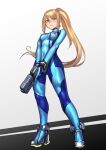  bangs black_footwear blonde_hair blue_bodysuit blush bodysuit bracelet breasts closed_mouth commentary_request covered_navel full_body gun hair_between_eyes high_heels highres holding holding_gun holding_weapon jewelry kilye_kairi looking_at_viewer medium_breasts metroid mole mole_under_mouth ponytail samus_aran sidelocks skin_tight standing trigger_discipline two-tone_background weapon zero_suit 