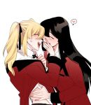  2girls anger_vein black_hair blonde_hair closed_eyes commentary_request covering_mouth eyebrows_visible_through_hair hand_over_another&#039;s_mouth happy heart hyakkaou_academy_uniform jabami_yumeko jewelry kakegurui long_hair medium_hair mmotu_123 multiple_girls open_mouth ring saotome_meari simple_background spoken_heart teeth upper_teeth white_background yuri 