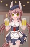  1girl :d alcohol animal_ears apron bangs bare_shoulders beer beer_mug beret black_headwear black_skirt blurry blurry_background blush breasts brown_hair collarbone commentary_request cup depth_of_field detached_sleeves dirndl eyebrows_visible_through_hair foam frilled_skirt frills german_clothes hair_between_eyes hair_ornament hat heart heart_hair_ornament highres holding holding_cup indoors kanijiru long_hair looking_at_viewer low_twintails medium_breasts mug oktoberfest original pleated_skirt puffy_short_sleeves puffy_sleeves short_sleeves skirt smile solo tail twintails twitter_username very_long_hair waist_apron white_apron white_sleeves yellow_eyes 