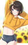  1girl absurdres arms_up black_hair blue_eyes breasts clothes_lift commentary crop_top grin highres hololive hood hoodie looking_at_viewer navel oozora_subaru pomp_(qhtjd0120) shirt_lift short_hair short_shorts shorts smile solo sportswear symbol-only_commentary thighs virtual_youtuber yellow_hoodie 