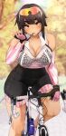  absurdres bicycle bike_shorts biting black_bra bottle bra breasts covered_navel detached_sleeves eyebrows_visible_through_hair eyewear_on_head fishnet_top fishnets glove_biting gloves ground_vehicle highres jovejun knees original outdoors riding_bicycle shorts tight underwear water_bottle 