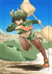  &gt;:) 1girl amakarakuchi animal_ears aurochs_(kemono_friends) bangs breasts brown_eyes brown_legwear camouflage camouflage_shirt camouflage_skirt closed_mouth collared_shirt cow_ears cow_girl cow_horns cow_tail cropped_shirt day empty_eyes eyebrows_visible_through_hair full_body green_hair highres holding holding_weapon horn_lance horns impossible_clothes impossible_shirt kemono_friends layered_sleeves long_sleeves medium_breasts medium_hair microskirt midriff multicolored_hair navel necktie outdoors pantyhose parted_bangs red_neckwear running shirt shoes short_over_long_sleeves short_sleeves skirt smile solo stomach tail tan toned v-shaped_eyebrows weapon wing_collar 