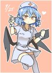  1girl alternate_costume bangs bat_wings black_wings closed_mouth dated eyebrows_visible_through_hair heart holding holding_syringe looking_at_viewer matsu_kitsune nurse orange_background orange_eyes pointy_ears remilia_scarlet short_sleeves simple_background solo syringe thigh-highs touhou v-shaped_eyebrows white_headwear white_legwear wings wrist_cuffs 