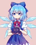  1girl :&lt; bangs blue_bow blue_dress blue_eyes blue_hair bow caramell0501 cirno closed_mouth collared_shirt dress eyebrows_visible_through_hair hair_bow highres holding ice ice_wings long_dress neck_ribbon pinafore_dress puffy_short_sleeves puffy_sleeves red_neckwear ribbon shirt short_hair short_sleeves simple_background squid stuffed_animal stuffed_toy symbol-only_commentary touhou v-shaped_eyebrows white_shirt wings 