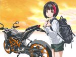  1girl alternate_hair_color backpack bag black_hair bob_cut brown_eyes ground_vehicle hal-py koguma_(super_cub) ktm_390_duke ktm_ag looking_at_viewer motor_vehicle motorcycle multicolored_hair redhead short_hair short_shorts shorts smile solo streaked_hair super_cub two-tone_hair voice_actor_connection yomichi_yuki 