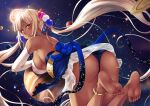  1girl anklet ass bare_legs barefoot blonde_hair blue_ribbon blush detached_sleeves dress from_behind giant giantess hololive hololive_english jewelry june_(ne_z_asa) jupiter_(planet) looking_at_viewer looking_back planet ribbon short_dress sky smile soles space star_(sky) starry_sky toes tsukumo_sana twintails 