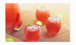  border cup food fruit genshin_impact juice lime_(fruit) lime_slice no_humans original pitcher still_life sui25jiyuu table watermelon watermelon_slice 