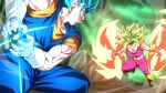  1boy 1girl abs alternate_universe aqua_hair battle blurry blurry_background breasts dougi dragon_ball dragon_ball_super earrings gloves green_hair green_sky jewelry kamehameha kefla_(dragon_ball) muscular muscular_female muscular_male open_mouth potara_earrings rom_(20) spiky_hair super_saiyan super_saiyan_blue vegetto white_gloves 