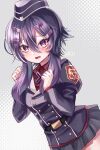  1girl belt blue_archive blush commentary_request hair_between_eyes hair_ornament hairclip hakusai_ponzu haruka_(blue_archive) hat military military_hat military_uniform open_mouth purple_hair short_hair_with_long_locks simple_background smile solo uniform violet_eyes 