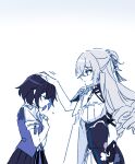  2girls 6_(yuchae) blue_skirt blue_vest bronya_zaychik closed_eyes closed_mouth company_connection crossover dress drill_hair grey_eyes grey_hair hand_on_another&#039;s_head headpat honkai:_star_rail honkai_(series) honkai_impact_3rd long_hair looking_at_another mihoyo_technology_(shanghai)_co._ltd. monochrome multiple_girls own_hands_together seele_vollerei seele_vollerei_(swallowtail_phantasm) short_hair short_sleeves skirt smile twin_drills vest white_background 