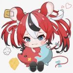  1girl :3 animal_ears black_hair blue_eyes blush_stickers chibi colored_tips dice_hair_ornament hair_ornament hakos_baelz highres hololive hololive_english looking_at_viewer mouse_ears mouse_girl mouse_tail mr._squeaks_(hakos_baelz) multicolored_hair redhead ribbon run_(run_level_18) solo tail tail_ornament tail_ribbon virtual_youtuber white_hair 