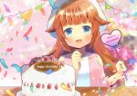  1girl :d bangs bare_shoulders birthday_cake blue_eyes blunt_bangs blurry blurry_background blush breasts brown_hair cake clothing_cutout commission confetti copyright_request depth_of_field eyebrows_visible_through_hair food fruit hair_flaps hands_up happy_birthday heart jacket kou_hiyoyo long_hair long_sleeves looking_at_viewer open_clothes open_jacket pennant pink_jacket shirt shoulder_cutout skeb_commission small_breasts smile solo strawberry string_of_flags upper_body very_long_hair white_headwear white_shirt 