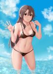  1girl absurdres bikini black_bikini blue_sky breasts brown_eyes brown_hair clouds hair_between_eyes highres jousanrou kantai_collection long_hair medium_breasts navel ocean sky smile solo swimsuit wading zuikaku_(kancolle) 