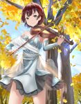  1girl autumn autumn_leaves blue_dress bow_(instrument) braid breasts brown_hair day detached_sleeves dress falling_leaves french_braid green_eyes hair_ornament hairclip highres holding holding_instrument instrument leaf mosta_(lo1777789) music original outdoors playing_instrument short_hair small_breasts smile solo standing tree violin 