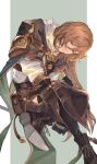  1boy braid brown_hair ear_piercing gloves granblue_fantasy highres holding holding_weapon jewelry lamorak_(granblue_fantasy) leaning long_hair long_skirt looking_to_the_side male_focus mumu_vosp piercing shirt sitting skirt smile solo weapon white_shirt 