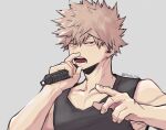  1boy alternate_costume bakugou_katsuki bangs bare_shoulders black_tank_top blonde_hair boku_no_hero_academia collarbone commentary grey_background hair_between_eyes hands_up highres holding holding_microphone looking_at_viewer male_focus microphone modo_(modo_s2) open_mouth red_eyes shiny shiny_skin short_hair simple_background spiky_hair tank_top teeth twitter_username upper_body 