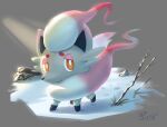 absurdres bright_pupils closed_mouth commentary_request dated footprints full_body grey_background highres hisuian_zorua ho-oh_(artist) no_humans orange_eyes pokemon pokemon_(creature) signature smile snow solo white_pupils 