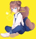  1girl bangs between_legs blue_eyes brown_hair closed_mouth commentary crossed_legs double_bun eyebrows_visible_through_hair full_body hair_ornament hairclip hand_between_legs long_sleeves looking_at_viewer original overalls renren_(pixiv22963369) shirt shoe_soles shoes signature sitting smile solo stuffed_animal stuffed_toy symbol-only_commentary teddy_bear white_footwear white_shirt yellow_background 