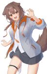  1girl :d animal_ears bangs black_skirt blush braid brown_eyes brown_hair cidersour claw_pose collared_shirt commentary_request dog_ears dog_girl dog_tail dress_shirt eyebrows_visible_through_hair grey_jacket hair_between_eyes highres hololive inugami_korone jacket long_hair long_sleeves looking_at_viewer nail_polish open_clothes open_jacket open_mouth orange_nails orange_necktie pleated_skirt puffy_long_sleeves puffy_sleeves shirt shoes skirt smile solo tail thigh_strap twin_braids virtual_youtuber white_footwear white_shirt 
