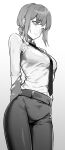  1girl absurdres arms_behind_back bangs black_neckwear black_pants chainsaw_man collared_shirt cowboy_shot eyebrows_visible_through_hair gradient gradient_background greyscale highres long_hair makima_(chainsaw_man) monochrome necktie pants shirt shirt_tucked_in sidelocks solo st_(youx1119) white_background white_shirt 