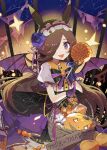  1girl :d animal_ears bangs basket black_bow black_skirt bow brooch brown_hair candy center_frills collared_shirt commentary_request demon_wings eyebrows_visible_through_hair fangs food frills hair_over_one_eye halloween holding holding_candy holding_food holding_lollipop horse_ears jack-o&#039;-lantern jewelry lollipop long_hair looking_at_viewer make_up_in_halloween!_(umamusume) puffy_short_sleeves puffy_sleeves purple_wings rice_shower_(umamusume) shadowsinking shirt short_sleeves skirt smile solo sparkle striped striped_bow swirl_lollipop umamusume very_long_hair violet_eyes white_shirt wings 