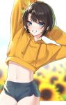  1girl absurdres arms_up black_hair blue_eyes breasts clothes_lift grin highres hololive hood hoodie looking_at_viewer navel oozora_subaru pomp_(qhtjd0120) shirt_lift short_hair short_shorts shorts smile solo sportswear thighs yellow_hoodie 