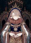  1girl acrylic_paint_(medium) blonde_hair closed_eyes crown earrings eyeshadow highres jewelry long_hair long_sleeves makeup original painting_(medium) ring shisu_tk traditional_media 