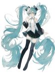  1girl absurdly_long_hair bangs black_footwear black_legwear black_skirt black_sleeves blue_eyes blue_hair blue_neckwear boots collared_shirt commentary deep_(deep4946) detached_sleeves eyebrows_visible_through_hair full_body hand_up hatsune_miku highres long_hair looking_at_viewer necktie no_pupils parted_lips pleated_skirt shirt simple_background skirt sleeveless sleeveless_shirt solo tattoo thigh-highs thigh_boots twintails very_long_hair vocaloid white_shirt wings 