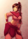  1girl artist_name avatar:_the_last_airbender avatar_(series) braid braided_ponytail breasts brown_eyes brown_hair commission cowboy_shot hand_on_hip iahfy leaning_forward long_hair medium_breasts midriff navel shadow short_sleeves smile solo ty_lee 