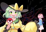  :3 absurdres black_background blush breasts cracked_glass green_eyes green_hair hat headband heart highres jewelry komeiji_koishi komeiji_satori long_sleeves one_eye_closed pink_hair polyhedron2 red_eyes ribbon third_eye touhou 