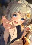  1girl animal_ears bangs bath_yukata blue_eyes blurry blurry_background blush commentary ears_down food food_on_face glass_bottle grey_hair hair_ornament horse_ears japanese_clothes kimono looking_at_viewer mochi open_mouth out_of_frame panda_inu pov pudding reaching_out seiun_sky_(umamusume) short_hair smile steam tile_floor tiles umamusume upper_body yukata 