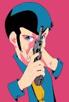  1boy arm_hair arsene_lupin_iii black_eyes black_hair blue_eyes blue_hair blue_shirt gun handgun highres holding holding_gun holding_weapon lupin_iii necktie nnasuke333 pink_background pink_vest shirt solo vest walther walther_p38 weapon yellow_necktie 