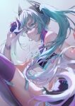  1girl absurdres aqua_hair blue_background blue_eyes breasts eyebrows_visible_through_hair foot_out_of_frame gloves hand_up hatsune_miku highres large_breasts long_hair looking_at_viewer microphone pants purple_legwear sitting solo tears thigh-highs thighs tight tight_pants two_side_up user_jrzn8758 vocaloid zettai_ryouiki 