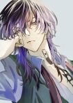 1boy bangs black_hair black_vest chest_tattoo closed_mouth ear_piercing grey_background hair_between_eyes haitani_rindou hand_up head_rest highres long_hair looking_at_viewer male_focus multicolored_hair neck_tattoo necktie ogura_aoi open_clothes open_shirt piercing purple_hair purple_shirt red_neckwear shirt simple_background solo tattoo tokyo_revengers two-tone_hair upper_body vest violet_eyes 