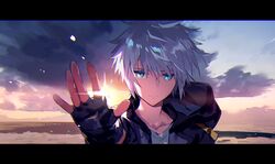  1boy blue_eyes clouds fingerless_gloves gloves hood jacket kingdom_hearts looking_at_viewer ninomotonino riku_(kingdom_hearts) silver_hair sky solo sunrise 