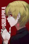  1boy absurdres bangs black_shirt blonde_hair chain character_name collared_shirt commentary earrings eyebrows_visible_through_hair glint hand_up highres hunter_x_hunter jewelry kurapika long_sleeves looking_to_the_side male_focus mmo_(mmo_omm938) multiple_rings parted_lips red_background red_eyes ring shirt short_hair simple_background solo thumb_ring upper_body 