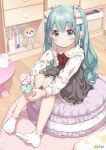 1girl aqua_hair bangs black_dress blue_eyes bow collared_shirt commentary_request cup double_scoop dress eyebrows_visible_through_hair food frilled_bow frilled_legwear frills full_body hair_between_eyes hair_bow hatsune_miku highres holding holding_food ice_cream ice_cream_cone indoors knees_up long_hair mug no_shoes red_bow shirt sitting sleeveless sleeveless_dress socks solo stuffed_animal stuffed_toy table teddy_bear twintails twitter_username very_long_hair vocaloid white_bow white_legwear white_shirt yukie_(kusaka_shi) 