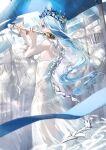  1girl bare_arms blue_eyes blue_hair blue_ribbon bow commentary_request dress flute hair_over_one_eye hands_up highres holding holding_instrument instrument long_hair nanaponi one_eye_covered original playing_flute ribbon solo strapless strapless_dress tiara white_bow white_dress 