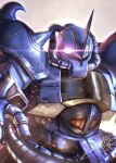  embers glowing glowing_eye gouf gundam holding holding_whip horns mecha mobile_suit mobile_suit_gundam no_humans one-eyed science_fiction signature single_horn solo spikes totthii0081 upper_body violet_eyes 