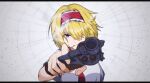  1girl aiming_at_viewer alice_margatroid bangs blonde_hair blue_eyes capelet cigarette closed_mouth commentary cookie_(touhou) english_commentary frilled_hairband frills gun hair_between_eyes hair_over_one_eye hairband handgun holding holding_gun holding_weapon jigen_(cookie) looking_at_viewer nanariku red_hairband red_necktie revolver second-party_source short_hair smoking solo touhou upper_body weapon white_capelet 