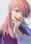  1boy bangs earrings grey_background grey_eyes hand_on_own_face hand_up highres jewelry long_hair long_sleeves looking_at_viewer male_focus ogura_aoi open_mouth pink_hair purple_vest sanzu_haruchiyo scar scar_on_face shirt simple_background smile solo teeth tokyo_revengers tongue tongue_out upper_body vest white_shirt 