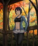  1girl :o autumn bangs black_hair black_legwear black_sports_bra blue_jacket breasts collarbone commentary_request cowboy_shot dolphin_shorts eyebrows_visible_through_hair hair_between_eyes hashi jacket leaning_on_rail leggings legwear_under_shorts medium_breasts midriff navel open_clothes open_jacket original partial_commentary railing short_hair short_shorts shorts sidelocks sleeves_past_wrists solo sports_bra standing sweat tomboy toned track_jacket tree violet_eyes white_shorts zipper zipper_pull_tab 