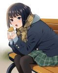  1girl artist_name bench black_hair enpera food grey_eyes holding holding_food looking_at_viewer mattaku_mousuke miniskirt open_mouth original pantyhose scarf sitting skirt solo taiyaki wagashi watermark winter_clothes 