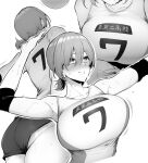  1girl arms_up ass blush breasts collarbone compression_sleeve greyscale hair_ornament hairclip huge_breasts large_breasts monochrome multiple_views original short_hair shorts sian sportswear sweat volleyball_uniform 