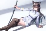  1girl animal_ear_fluff animal_ears atago_(azur_lane) azur_lane breasts brown_hair brown_legwear buttons double-breasted extra_ears eyebrows_visible_through_hair feet_out_of_frame highres holding holding_sword holding_weapon jacket lace-trimmed_legwear lace_trim large_breasts long_hair looking_at_viewer luts military military_uniform miniskirt naval_uniform sheath sheathed simple_background skirt solo sword thigh-highs uniform weapon white_background white_jacket white_skirt 